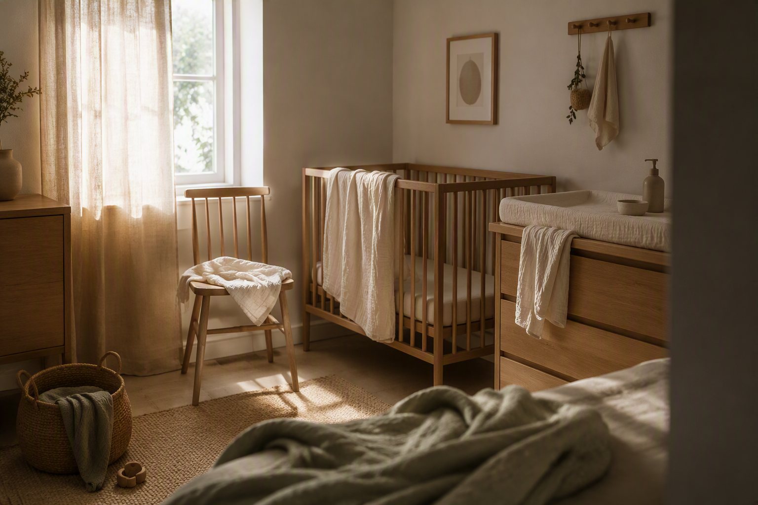 Ruhige Kinderzimmerecke in den ersten Wochen zuhause, weiches Tageslicht
